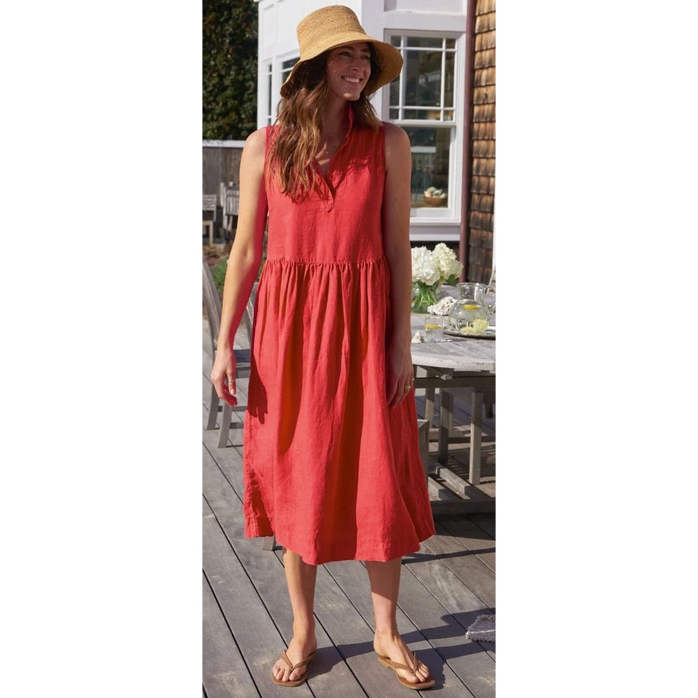 Frank & Eileen Daphne Sleeveless Linen Midi Dress Coral Red XS Coastal Summer